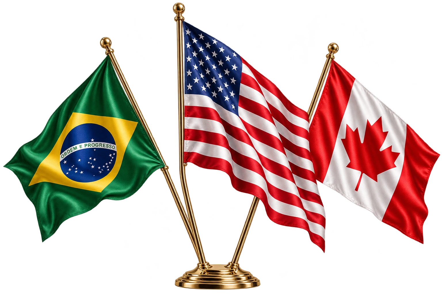 Bandeiras do Brasil, dos Estados Unidos e do Canadá em tecido, sobre hastes douradas.